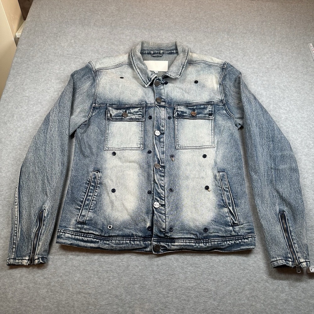 R.SINE Distressed Blue Denim Acid Wash Trucker Jacket Size L 90s Style Y2K
